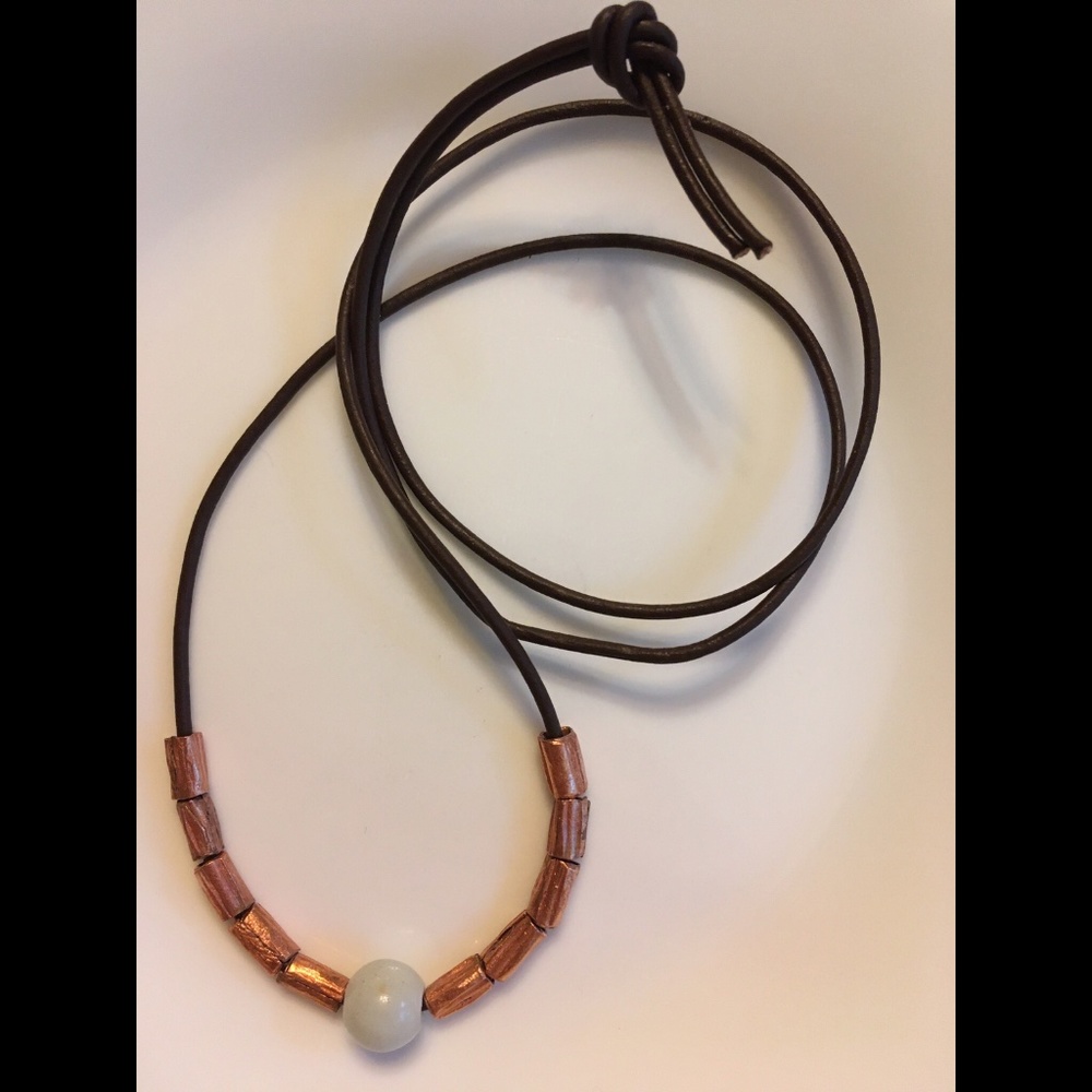ARTISAN Brown Leather Amazonite with Copper Beads 24” Necklace - Picture 2 of 5